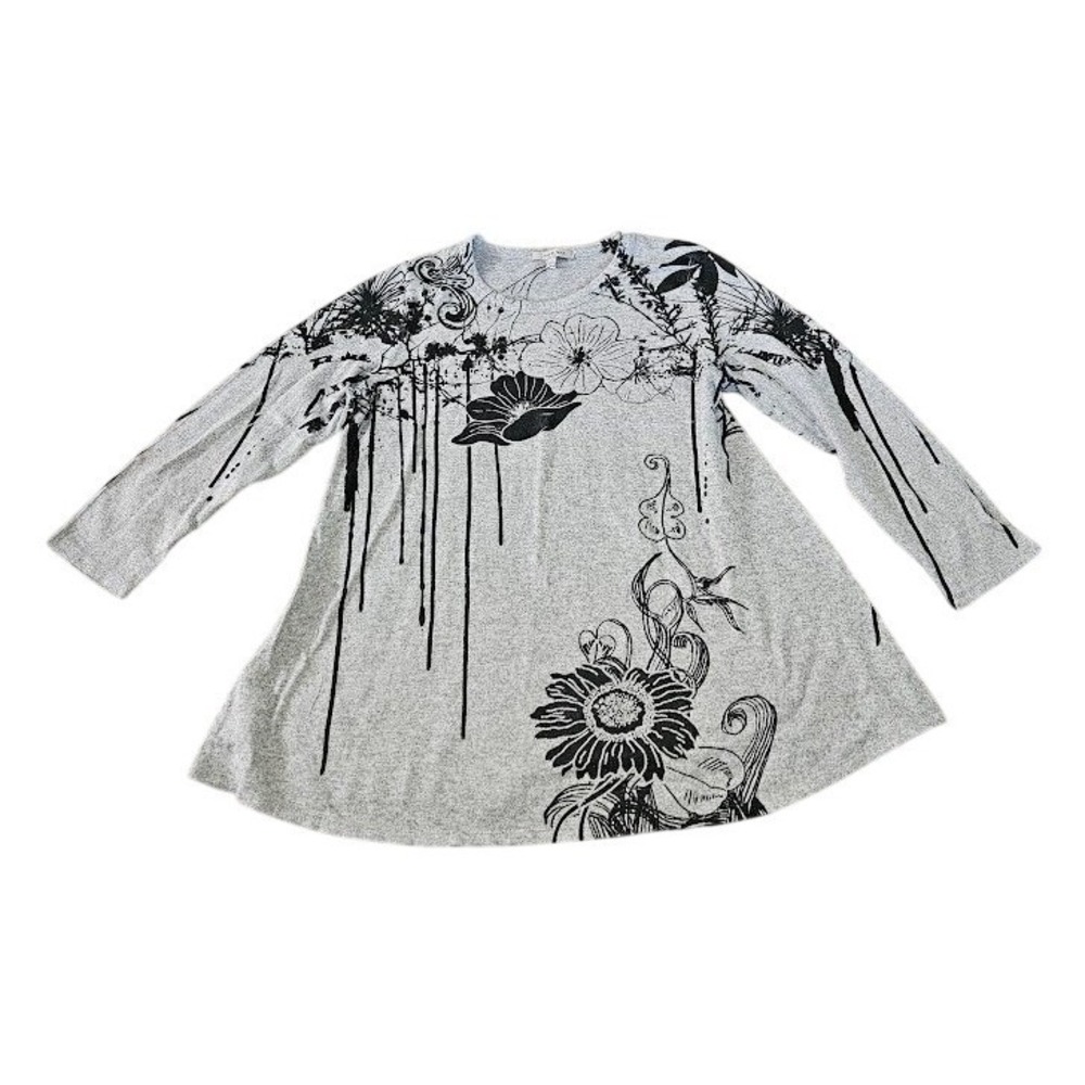 Jess & Jane Gray Floral Graphic Tunic Top Women Large USA Artsy Shirt Boho